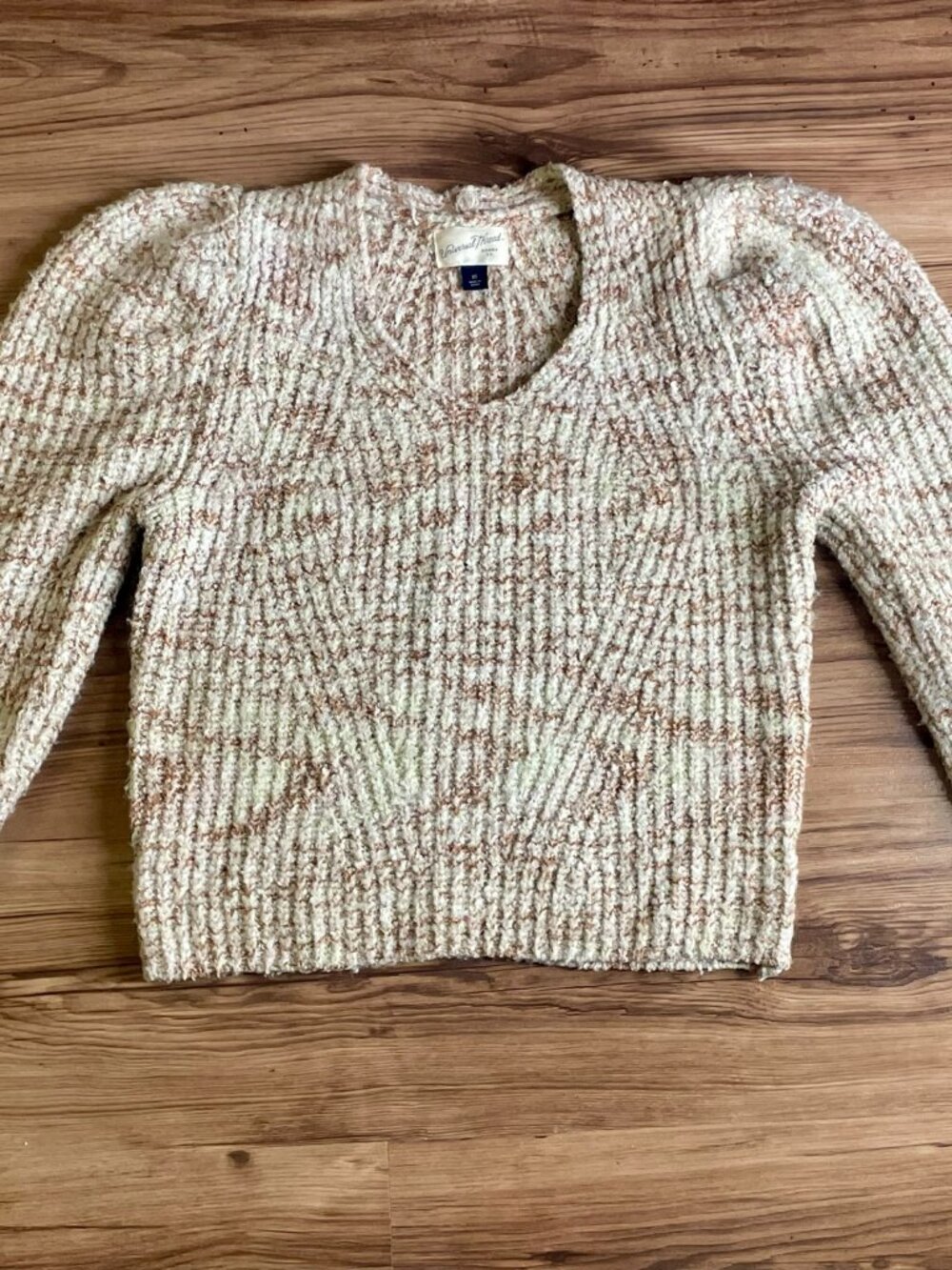 Universal Thread Cream Tan Marled Textured Knit V-Neck Puff Sleeve Sweater XS